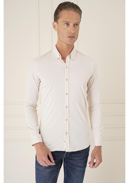 Slim Fit Düğmeli Yaka Esnek Pamuk Klasik Bej Gömlek Gk 727 fiyatları