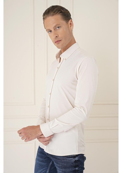 Slim Fit Düğmeli Yaka Esnek Pamuk Klasik Bej Gömlek Gk 727 modelleri