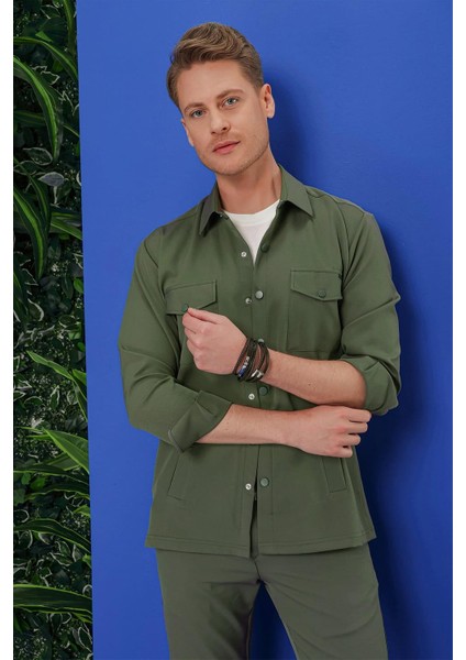 G 1534 Slim Fit Haki Klasik Gömlek