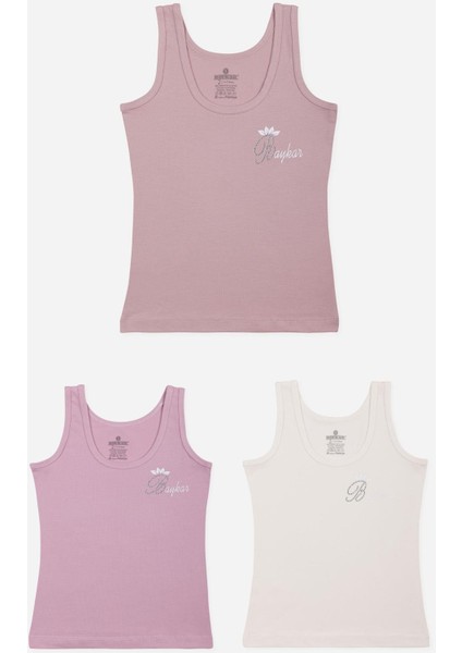 Kız Çocuk Pamuklu Kalın Askılı Renkli Taş Baskılı Klasik Atlet 3'lü Paket 4390 Renkli