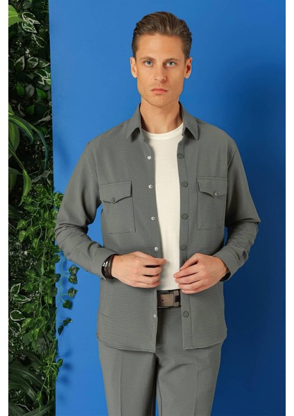 Comfort Fit Yan Cep Çıtçıtlı Esnek Pamuk Nefti Gömlek Ceket G 1565