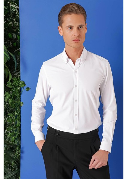 Slim Fit Düğmeli Yaka Pamuklu Klasik Beyaz Gömlek Gk 714 indirimleri