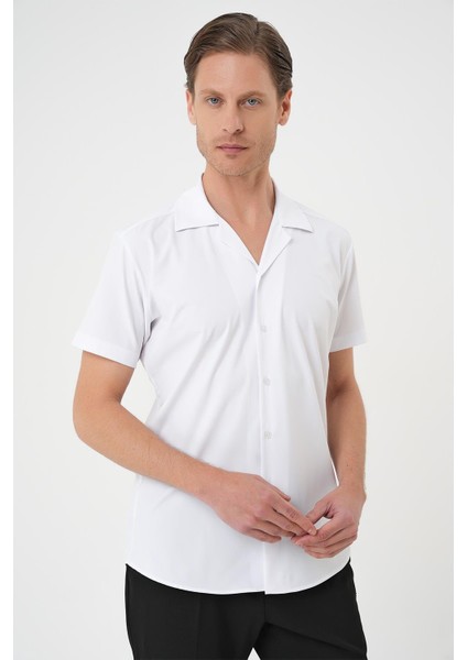 Slim Fit Apaş Yaka Kısa Kol Esnek Casuel Beyaz Gömlek G 1589 modelleri