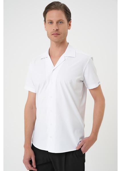 Slim Fit Apaş Yaka Kısa Kol Esnek Casuel Beyaz Gömlek G 1589 fırsatları