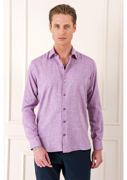 Comfort Fit Balıksırtı Dokuma %100 Pamuk Klasik Mor Gömlek Gk 722