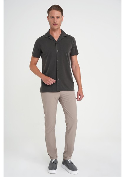Slim Fit Apaş Yaka Modal Karışımlı Kısa Kol Kahverengi Gömlek G 1590