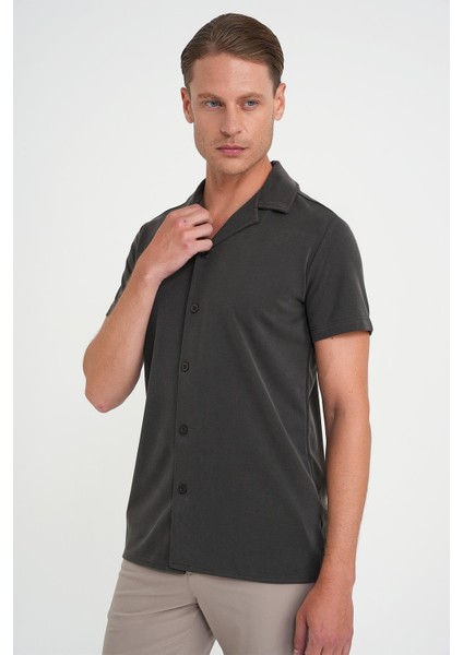 Slim Fit Apaş Yaka Modal Karışımlı Kısa Kol Kahverengi Gömlek G 1590 modelleri