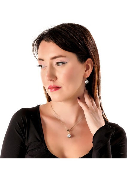 Mistik Işıltı Kadın 2'li Takı Seti Küpe Kolye Takım Bakır El Yapımı Kristal Taşlı Kararma Yapmaz Kutulu