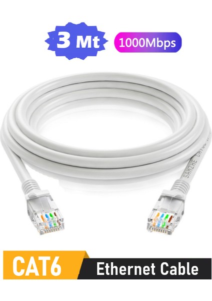 3 Metre Cat6 Internet Kablosu Ethernet Utp Patch High Speed Açık Gri (3 Metre)