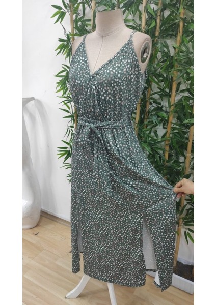 Kadın Ip Askılı Kruvaze Yakalı Yırtmaçlı Uzun Desenli Kuşaklı Süprem Elbise