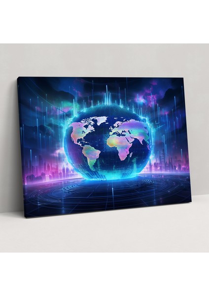 Holografik Dünya Haritası Kanvas Tablo - Dünya Haritası Ev Dekorasyonu Kanvas Duvar Sanatı