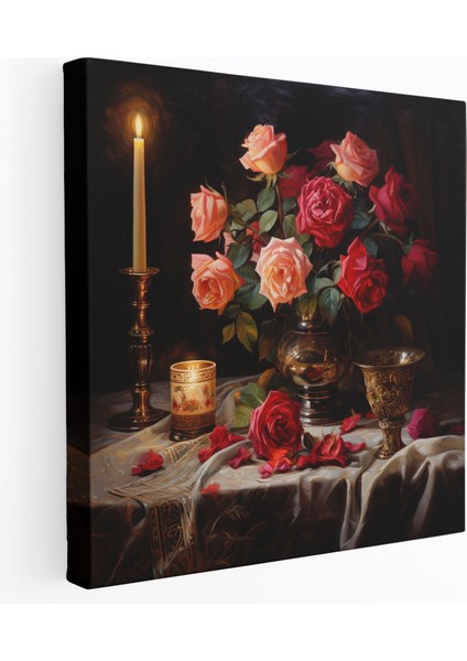 Romantik Yağlı Boya Tablo: Mum Işığıyla Dolu Masa - Ev Dekorasyonu Kanvas Duvar Sanatı