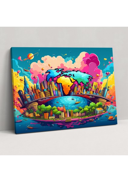 Pop Art Dünya Haritası Kanvas Tablo - Dünya Haritası Kanvas Tablo Çizgi Roman Esintili Grafikler