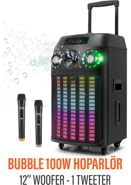 Büyük Boy Bluetooth Hoparlör Speaker 12" Woofer 1 Tweeter 100W 2 Mikrofon Hoparlör Baloncuklu