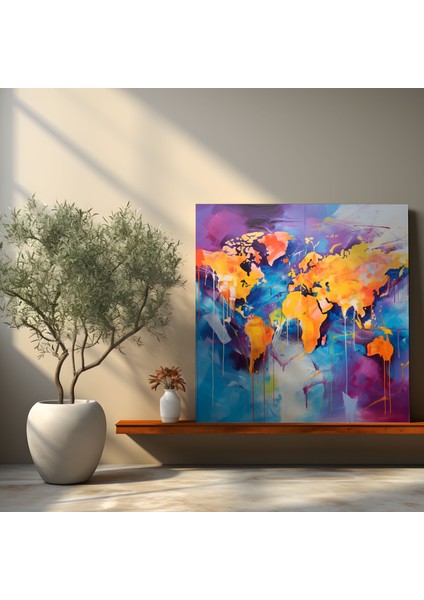 Renkli Soyut Dünya Haritası Kanvas Tablo - Dünya Haritası Kanvas Tablo Ev Dekorasyonu Dinamik Fırça Darbeleri modelleri