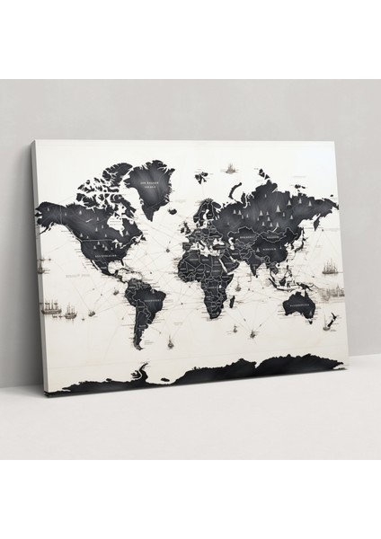 Siyah ve Beyaz Dünya Haritası Kanvas Tablo - Detaylı Dünya Haritası Duvar Sanatı Duvar Dekorasyonu