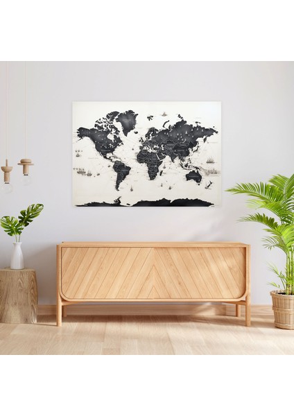 Siyah ve Beyaz Dünya Haritası Kanvas Tablo - Detaylı Dünya Haritası Duvar Sanatı Duvar Dekorasyonu fiyatları