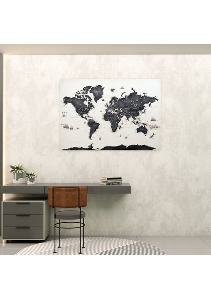 Siyah ve Beyaz Dünya Haritası Kanvas Tablo - Detaylı Dünya Haritası Duvar Sanatı Duvar Dekorasyonu modelleri