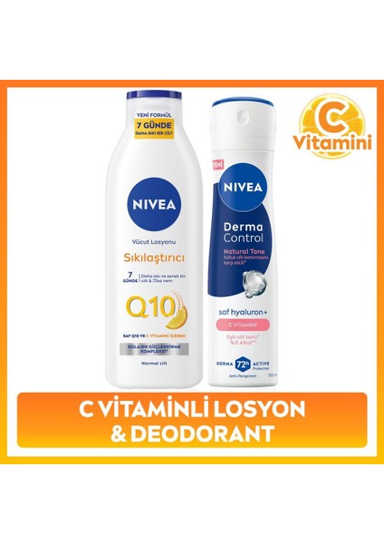 Kadın Sprey Deodorant Derma Control Natural Tone 150ML ve Q10 Sıkılaştırıcı Losyon 400ML, C Vitamini