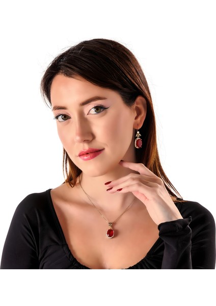 Kösem Sultan Kırmızı Kadın 2'li Takı Seti Küpe Kolye Takım Bakır El Yapımı Kararma Yapmaz Kutulu