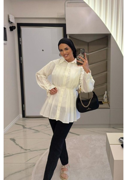 Kadın Sarı Plikaşe Kollu Gömlek