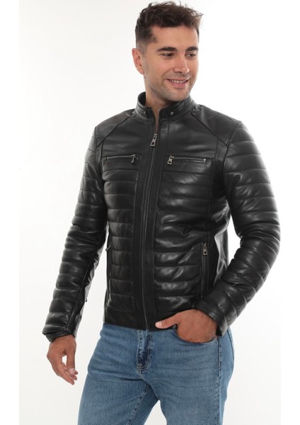 DERİMONTAYA %100 Hakiki Erkek Deri Mont Ceket Siyah Şişme