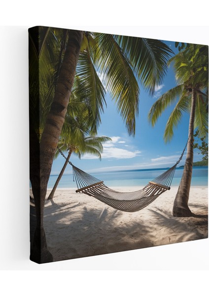 Tropikal Hamak Kanvas Tablo - Tropikal Palmiye Ağaçları Hamak Hafif Dalgalar