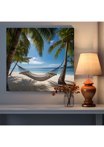 Tropikal Hamak Kanvas Tablo - Tropikal Palmiye Ağaçları Hamak Hafif Dalgalar fiyatları