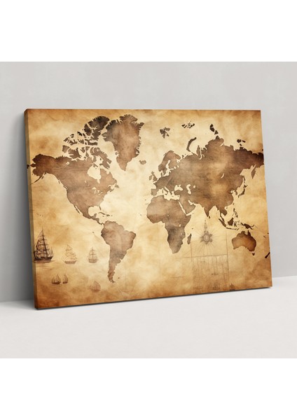 Retro Dünya Haritası Kanvas Tablo - Dünya Haritası Keşif Retro Tarih