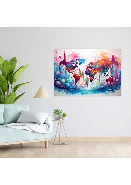 Dünya Haritası Kanvas Tablo - Duvar Süsü Canlı Renkler modelleri