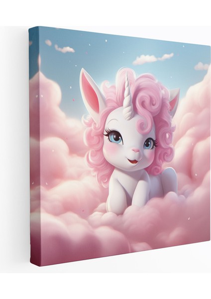 Sevimli Bebek Unicorn Kanvas Tablo - Pembe Tüylü Bir Bulut Üzerinde Dinleniyor - Unicorn Unicorn Kanvas Tablo Pembe Bulut Kanvas Duvar Sanatı