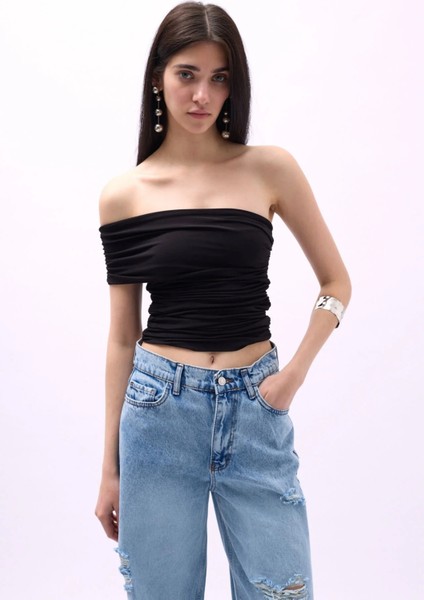 Tek Omuz Büzgülü Siyah Bluz modelleri