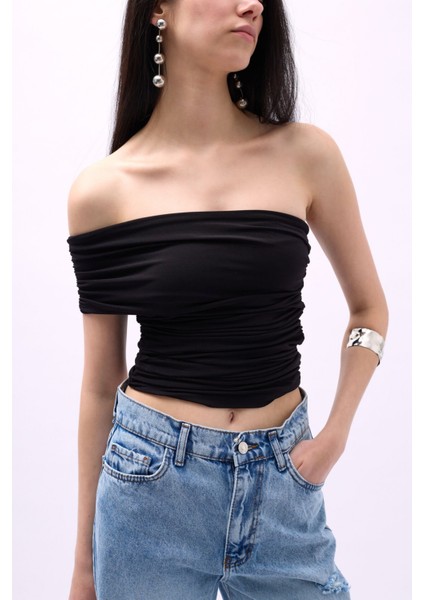 Tek Omuz Büzgülü Siyah Bluz fırsatları