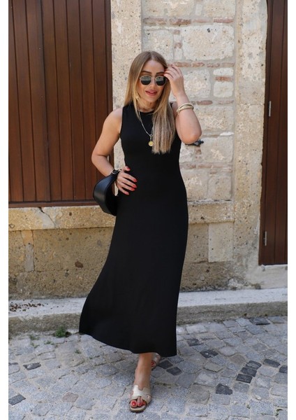 Kadın Kolsuz Sırttan Çapraz Ip Detaylı Uzun Viskon Elbise fiyatları