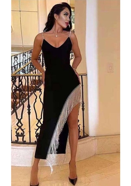 Kadın Dagıç Kumaş Saçaklı Taşlı Askılı Midi Boy Elbise