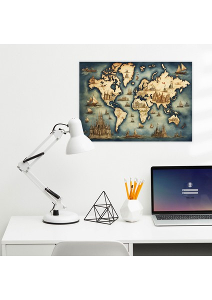 Elle Çizilmiş Dünya Haritası Kanvas Tablo - Dünya Haritası Elle Çizilmiş Tarz Detaylı Desenler Duvar Sanatı fiyatları