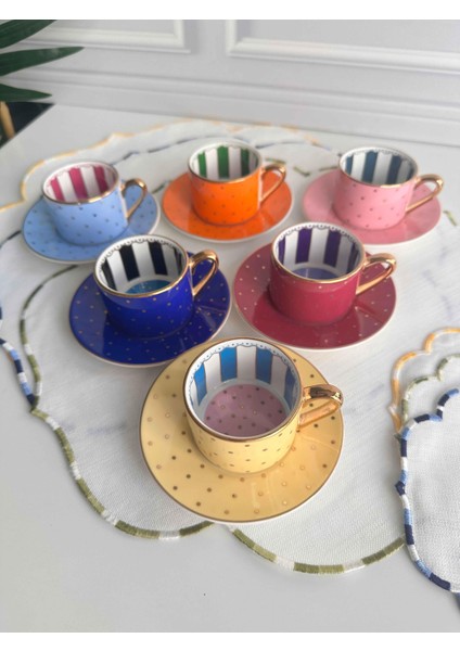 Türk Kahve Fincanı Renkli Puantiye 6 Kişilik 12 Parça