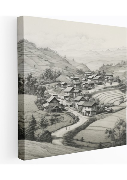 Kızılderili Duvar Sanatı - Huzurlu Köy Manzaralı Kanvas Tablo