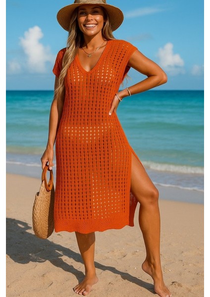 Kadın Sıfır Kol V Yaka Yanı Derin Yırtmaçlı Midi Boy Triko Elbise indirimleri