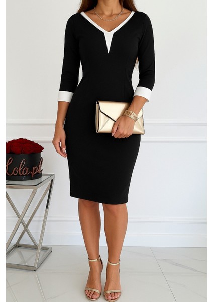 Kadın Truvakarkol V Yakalı Blok Renkli Kısa Janjan Krep Elbise