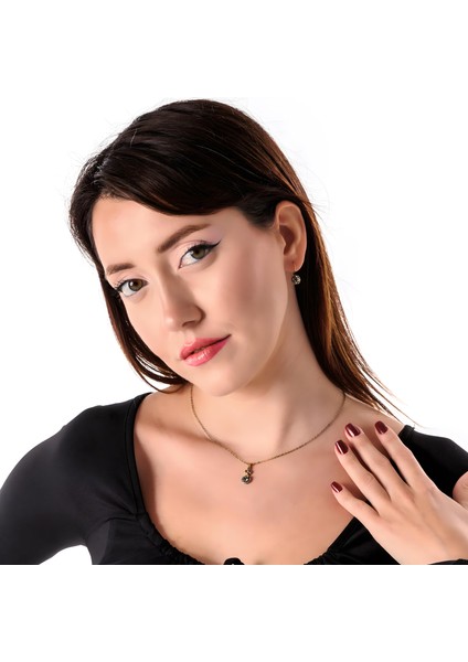 Zamansız Pırıltı Antrasit Kadın 2'li Takı Seti Küpe Kolye Takım Bakır El Yapımı Kararma Yapmaz Kutulu