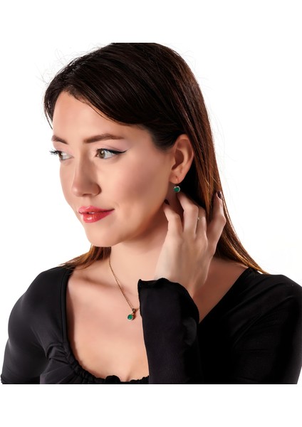 Harmoni Tektaş Yeşil Kadın 2'li Takı Seti Küpe Kolye Takım Bakır El Yapımı Kararma Yapmaz Kutulu