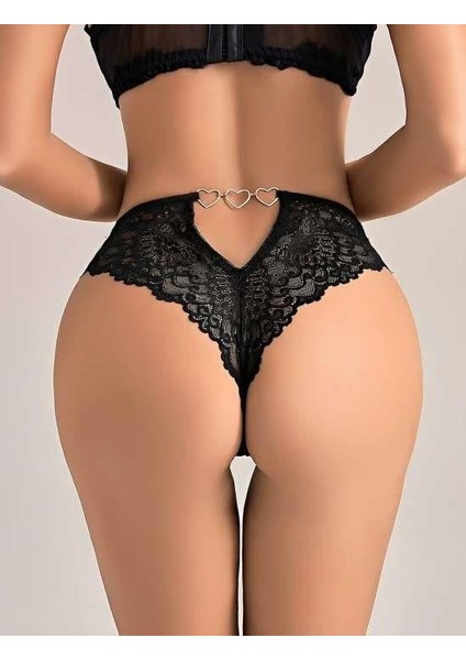 Siyah Dantel Işlemeli Arkası Kalp Detaylı Fantezi String Tanga