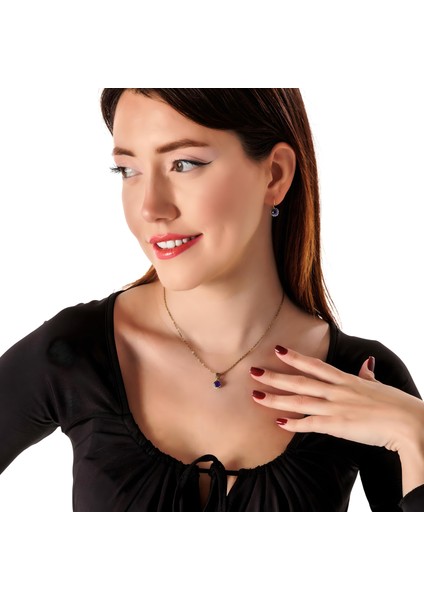 Harmoni Tektaş Lacivert Kadın 2'li Takı Seti Küpe Kolye Takım Bakır El Yapımı Kararma Yapmaz Kutulu