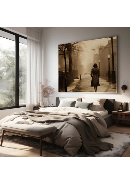 Retro Kanvas Tablo: Sokakta Yürüyen Kadın - Sepia Duvar Sanatı modelleri