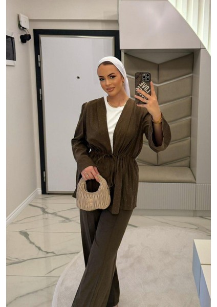 Kadın Kahve Vual Taşlı Kimono Takım