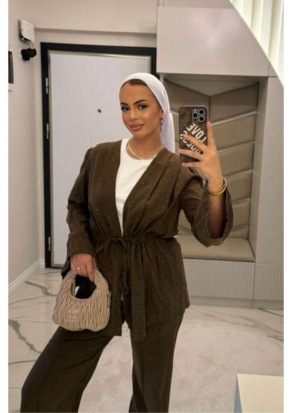 Kadın Kahve Vual Taşlı Kimono Takım modelleri