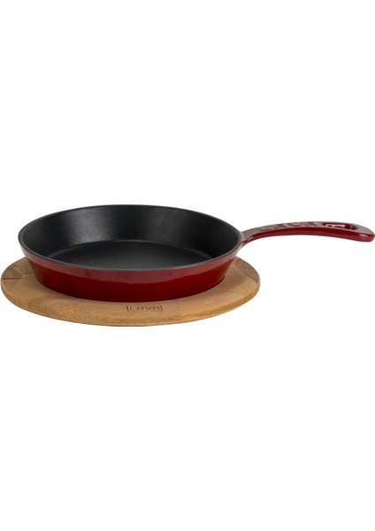 Döküm Yuvarlak Kızartma Tavası Yekpare Saplı Kayın Servis Ahşabı. ÇAP(Ø)20CM-BORDO