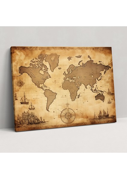 Vintage Dünya Haritası Kanvas Tablo - Dünya Haritası Duvar Dekorasyonu Vintage Tarz Antika Harita Illüstrasyonu