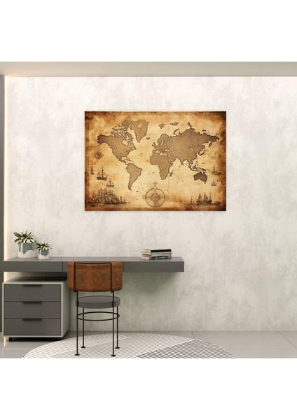 Vintage Dünya Haritası Kanvas Tablo - Dünya Haritası Duvar Dekorasyonu Vintage Tarz Antika Harita Illüstrasyonu fiyatları